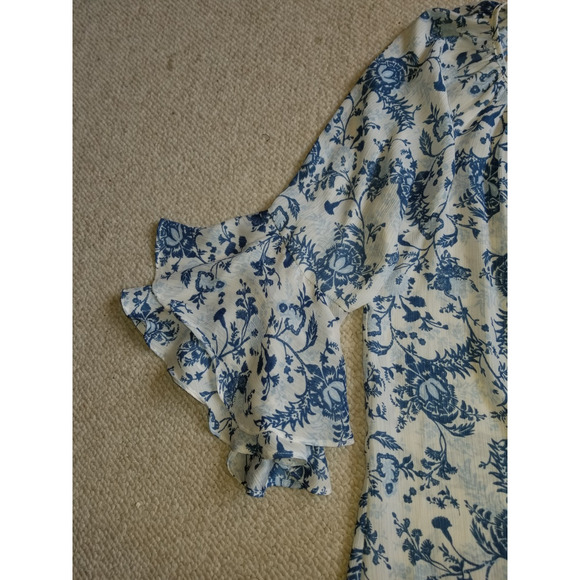 NWOT Womens Top-CHAPS RALPH LAUREN-blue/white floral silky sheer tunic flutter-L - Picture 3 of 4